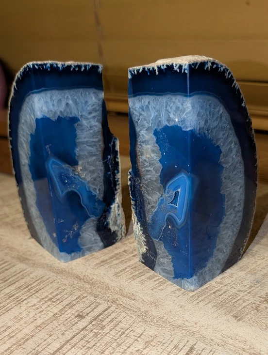 Pair Of Agate Geodes Bookends or Design Pieces Cobalt Blue + Tiny Druzy Pockets - Picture 7 of 13